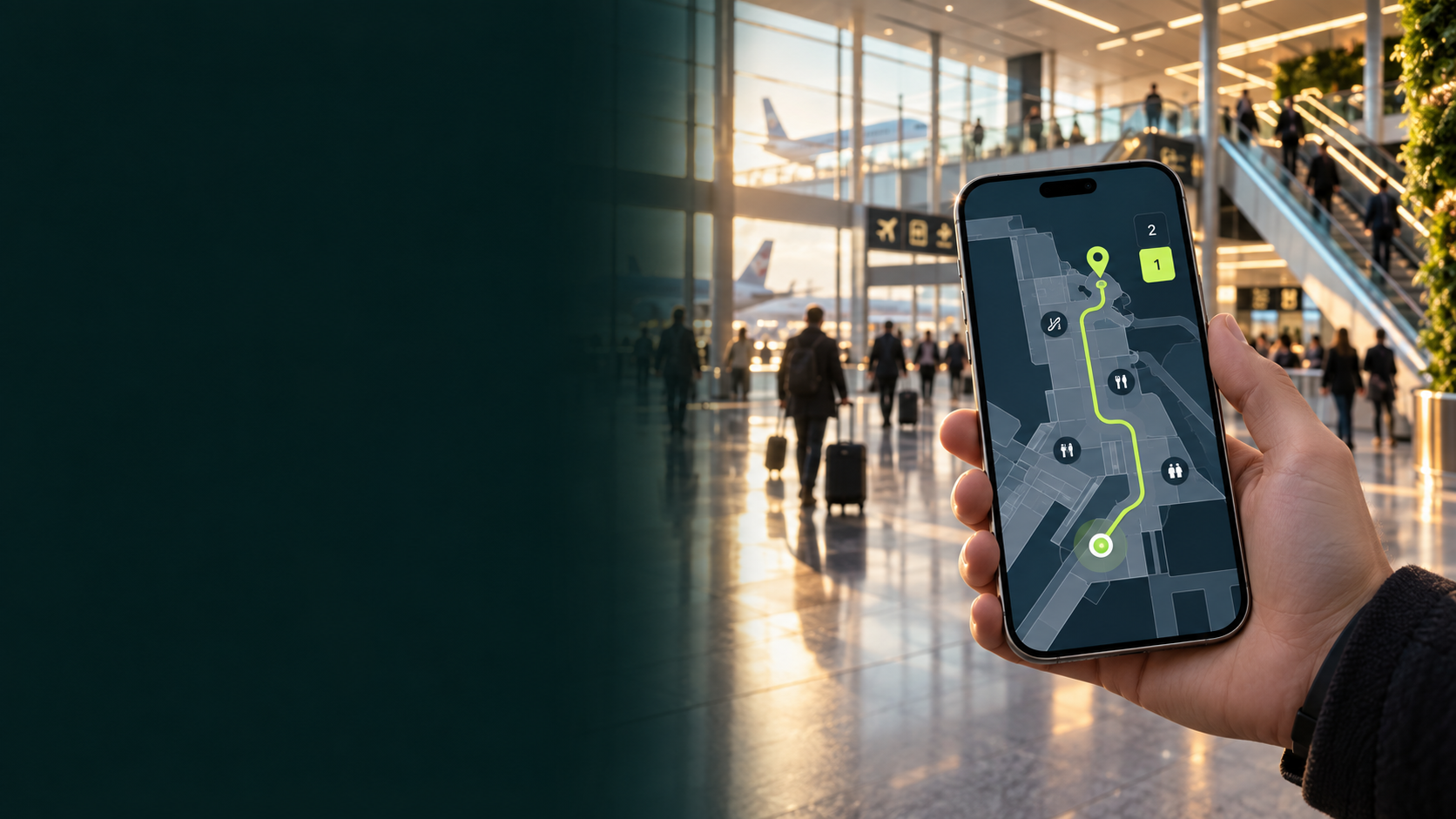 Celular com mapa ilustrativo de uma rota entre pisos em um terminal de aeroporto.