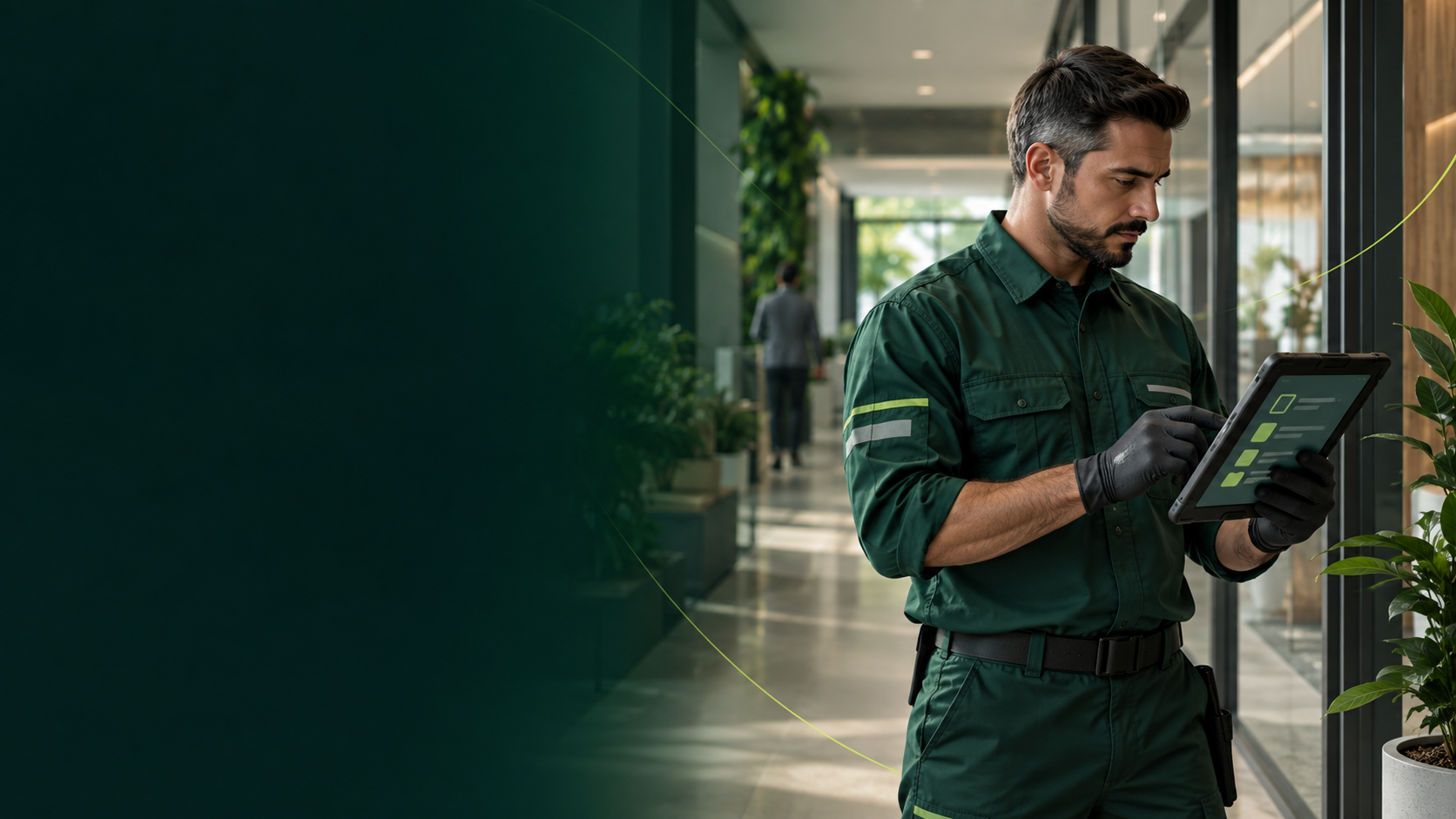 Profissional uniformizado consulta um tablet durante uma inspeção em ambiente comercial.